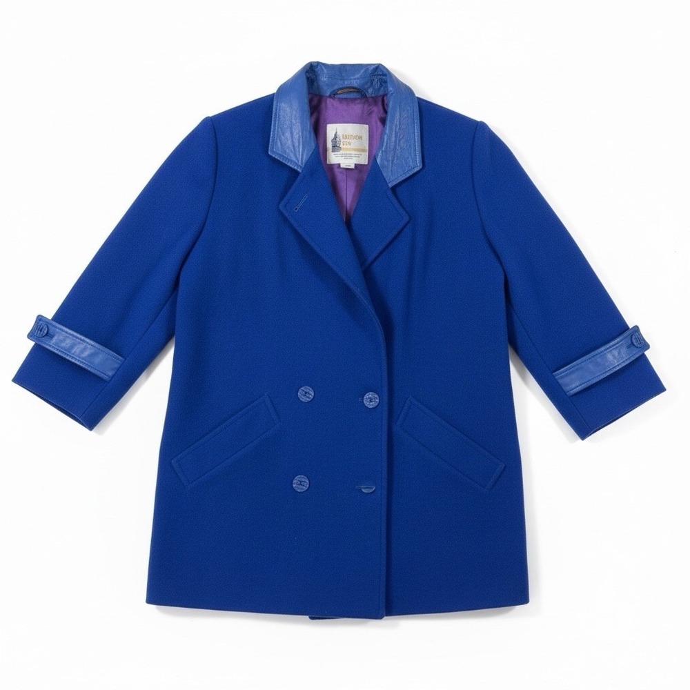 Vintage London Fog Womans Wool Pea Coat Blue‎ Leather Collar Trim 8M
